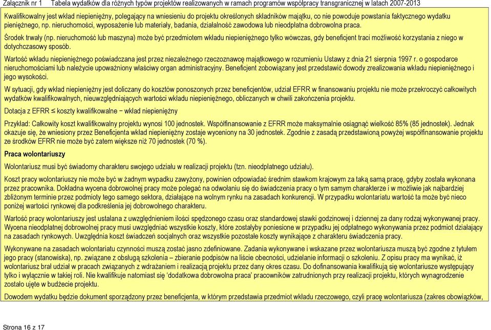 nieruchomość lub maszyna) moŝe być przedmiotem wkładu niepienięŝnego tylko wówczas, gdy beneficjent traci moŝliwość korzystania z niego w dotychczasowy sposób.