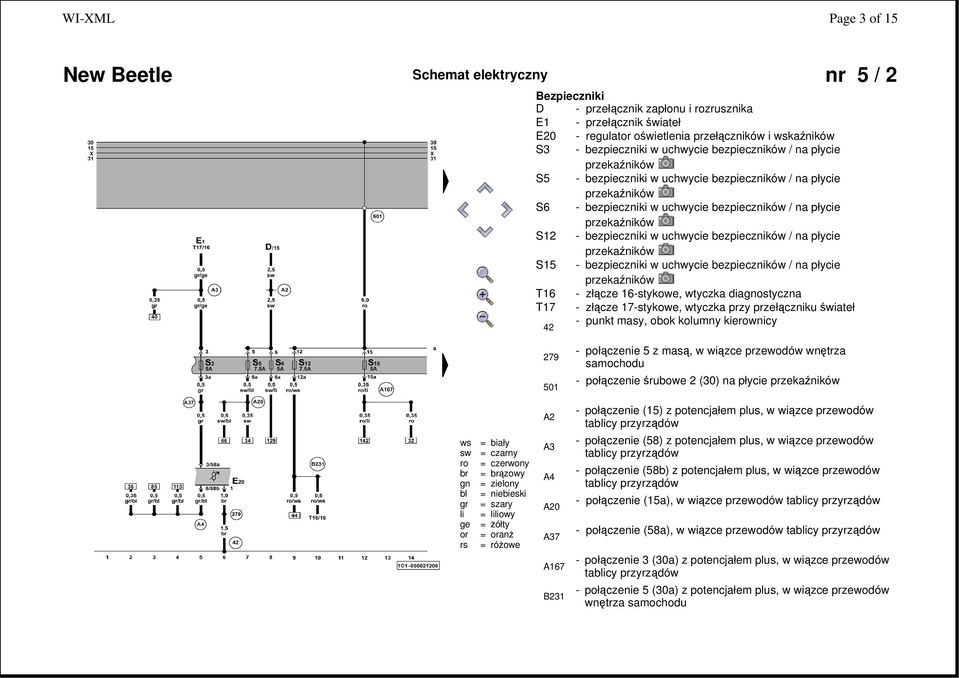 bezpieczniki w uchwycie bezpieczników / na płycie przekaźników S15 - bezpieczniki w uchwycie bezpieczników / na płycie przekaźników T16 - złącze 16-stykowe, wtyczka diaostyczna T17 - złącze