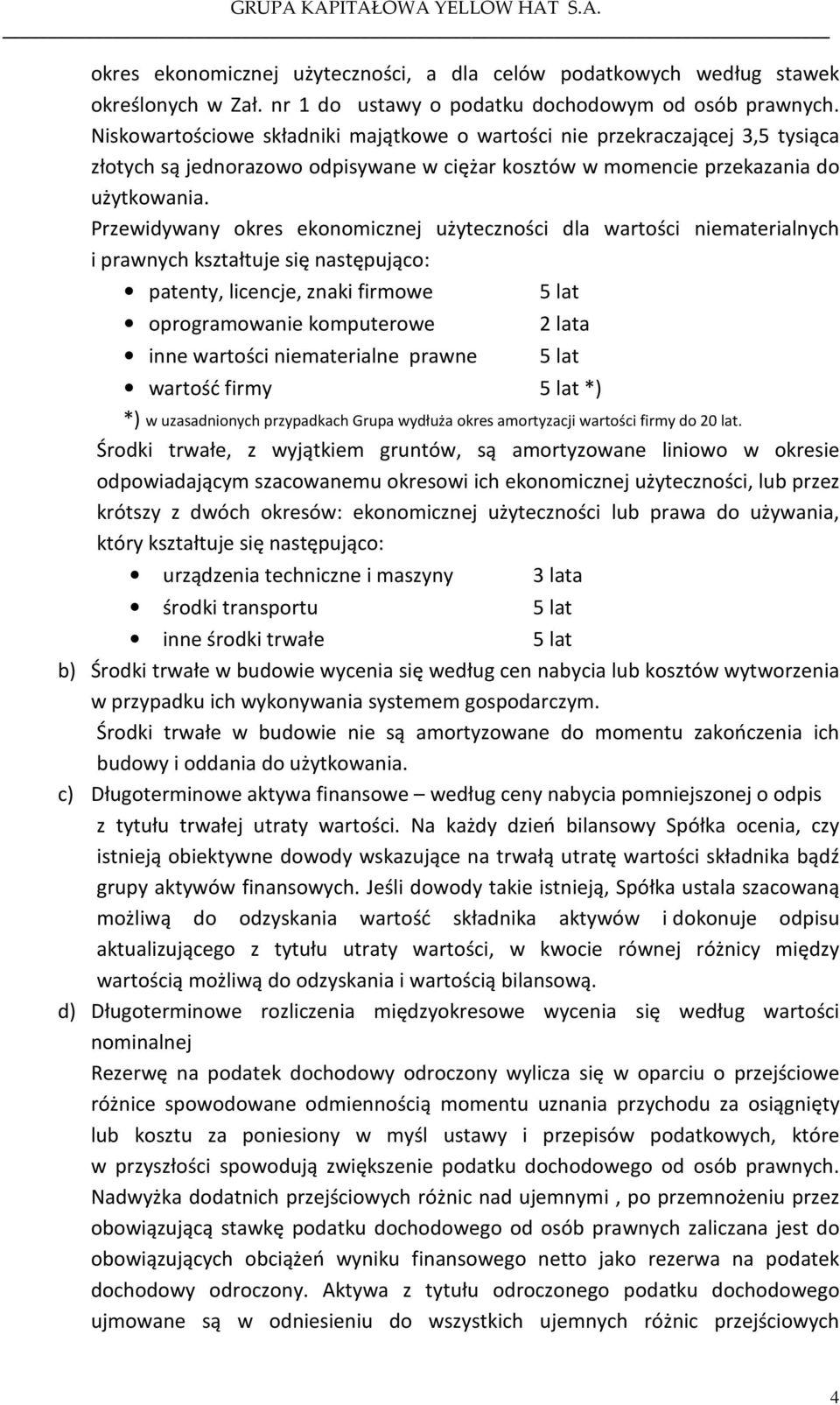 Przewidywany okres ekonomicznej użyteczności dla wartości niematerialnych i prawnych kształtuje się następująco: patenty, licencje, znaki firmowe oprogramowanie komputerowe inne wartości