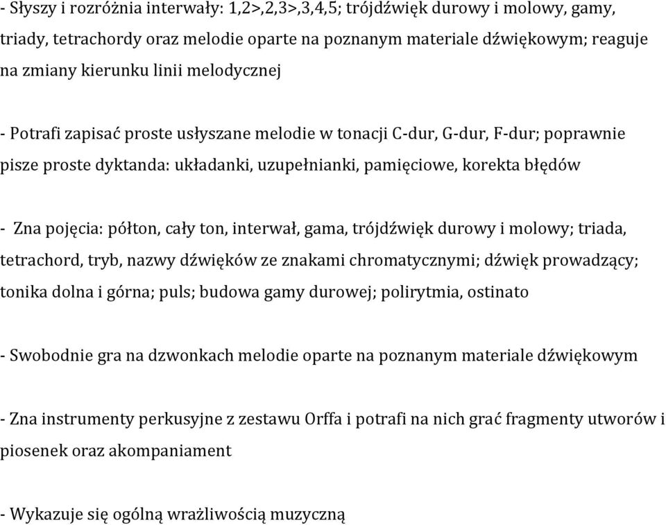 ton, interwał, gama, trójdźwięk durowy i molowy; triada, tetrachord, tryb, nazwy dźwięków ze znakami chromatycznymi; dźwięk prowadzący; tonika dolna i górna; puls; budowa gamy durowej; polirytmia,