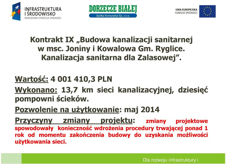 Wartość: 4 001 410,3 PLN Wykonano: 13,7 km sieci kanalizacyjnej, dziesięć pompowni ścieków.