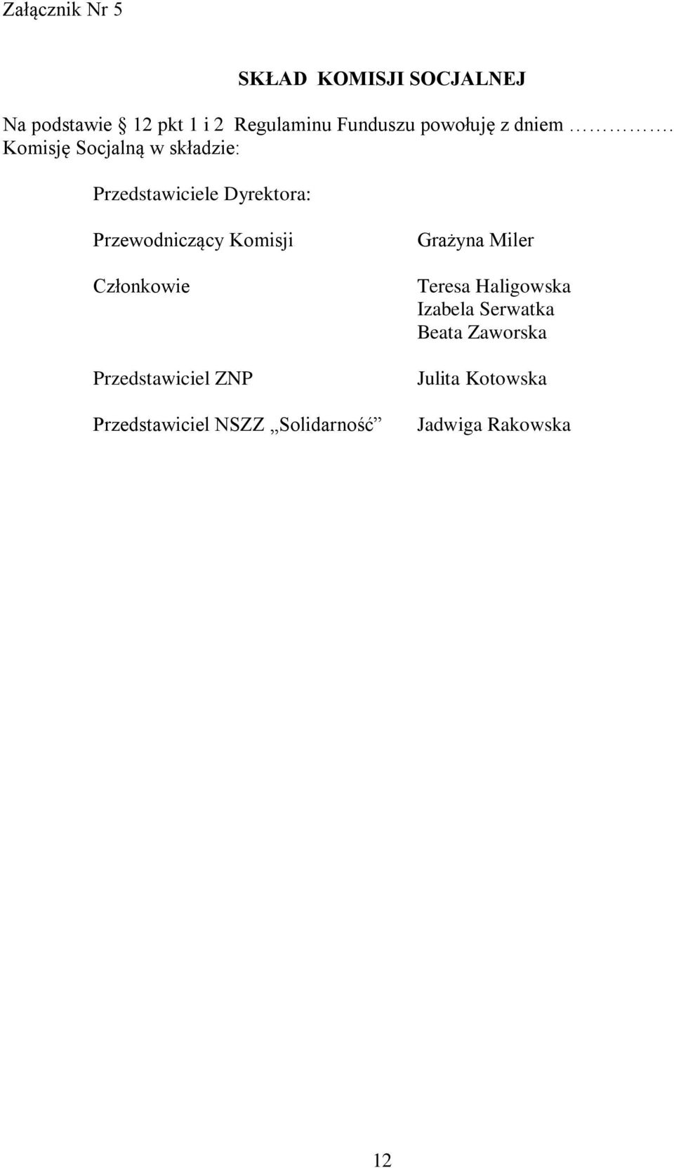 Komisję Socjalną w składzie: Przedstawiciele Dyrektora: Przewodniczący Komisji