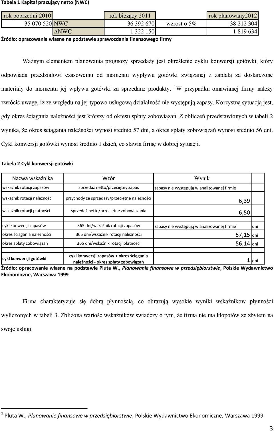 gotówki za sprzedane produkty. 1 W przypadku omawianej firmy należy zwrócić uwagę, iż ze względu na jej typowo usługową działalność nie występują zapasy.