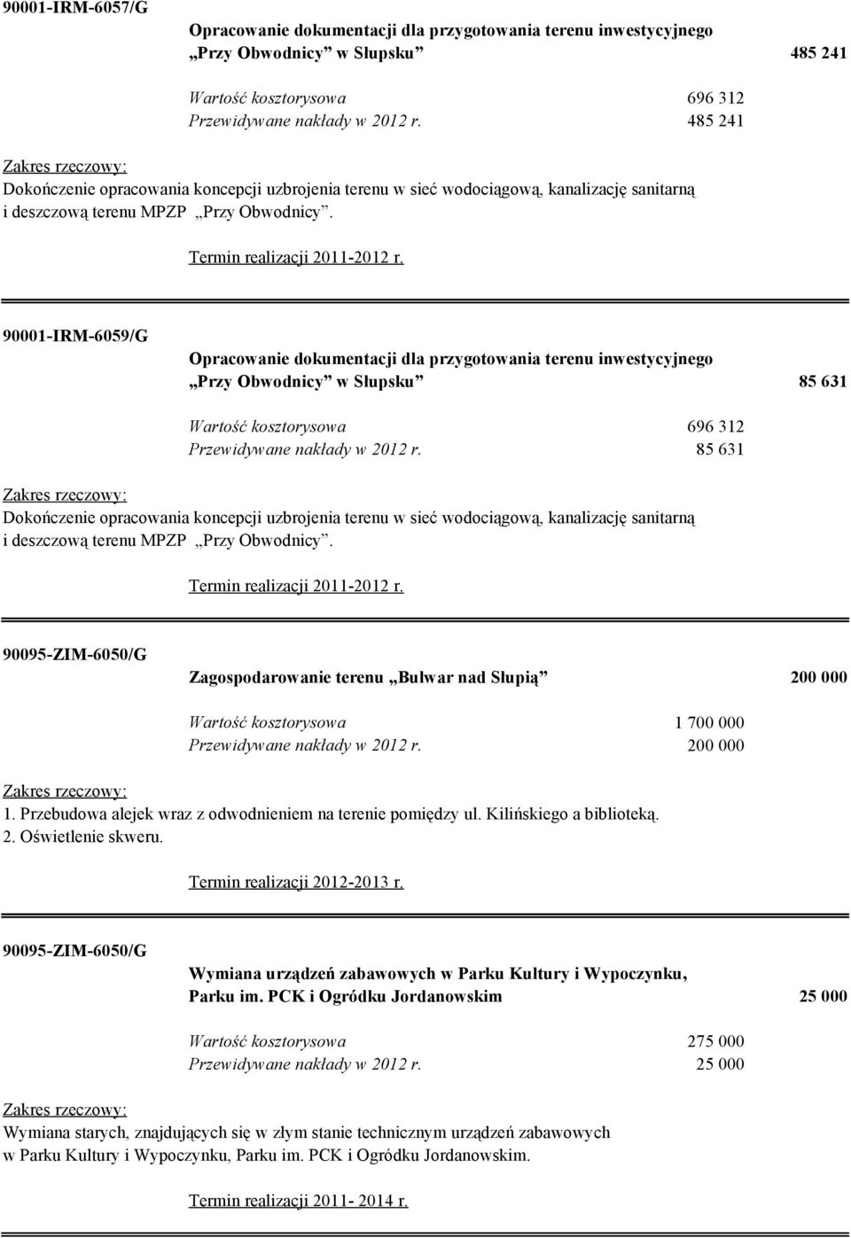 90001-IRM-6059/G Opracowanie dokumentacji dla przygotowania terenu inwestycyjnego Przy Obwodnicy w Słupsku 85 631 696 312 85 631 Dokończenie opracowania koncepcji uzbrojenia terenu w sieć 