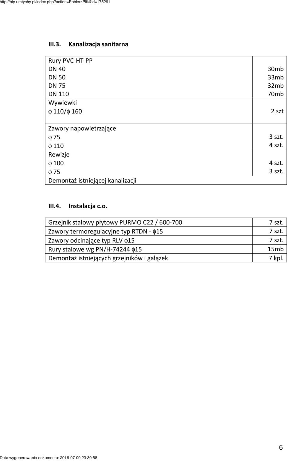 110 Rewizje φ 100 φ 75 Demontaż istniejącej kanalizacji 30mb 33mb 32mb 70mb 2 szt 3 szt. 3 szt. III.4. Instalacja c.