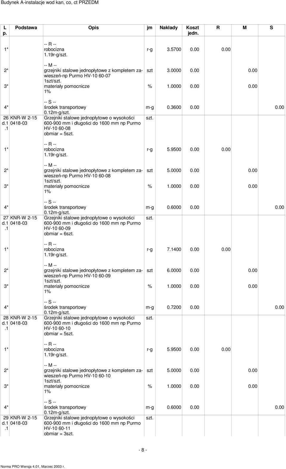 2-15 d 0418-03 19r-g/ Grzejniki stalowe jednopłytowe o wysokości 600-900 i długości do 1600 np Puro HV-10 60-09 obiar = 6 2* grzejniki stalowe jednopłytowe z koplete zawieszeń-np Puro HV-10 60-09