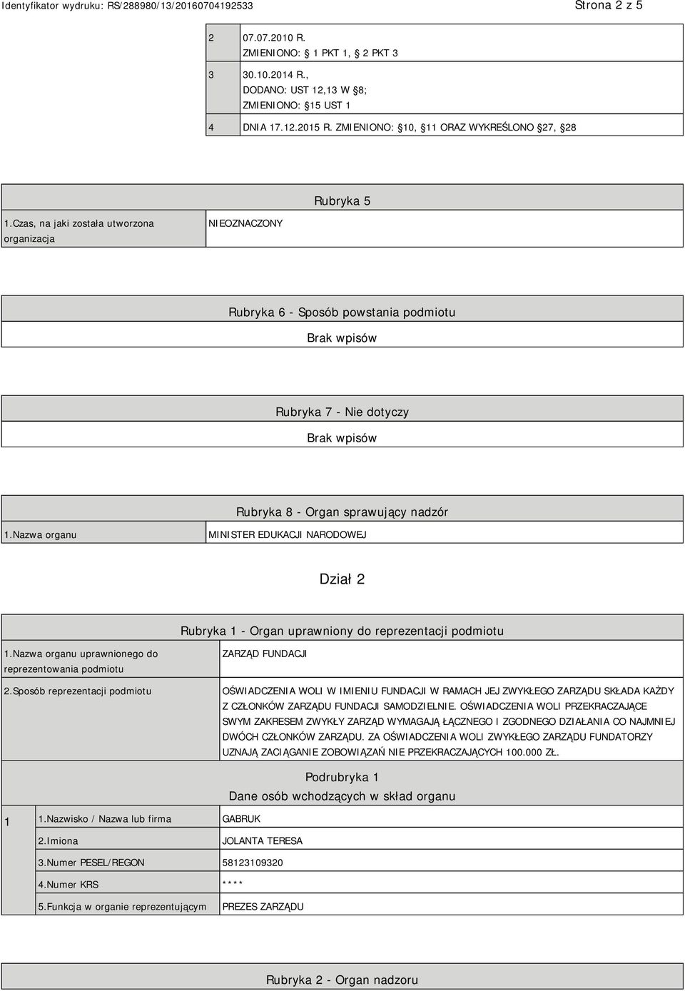 Nazwa organu MINISTER EDUKACJI NARODOWEJ Dział 2 Rubryka 1 - Organ uprawniony do reprezentacji podmiotu 1.Nazwa organu uprawnionego do reprezentowania podmiotu 2.