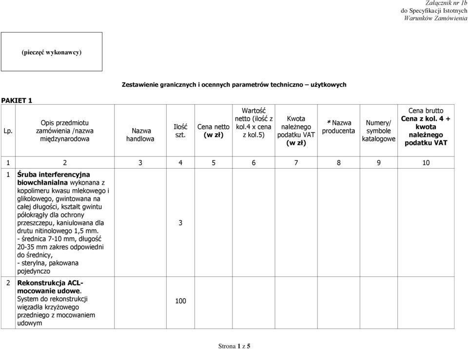5) Kwota * Nazwa producenta Numery/ symbole katalogowe Cena brutto Cena z kol.