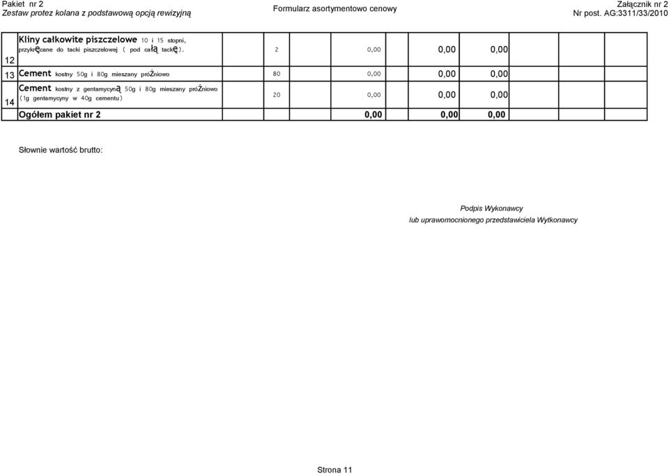 2 0,00 0,00 0,00 12 13 Cement kostny 50g i 80g mieszany próżniowo 80 0,00 0,00 0,00 Cement kostny z gentamycyn ą 50g i