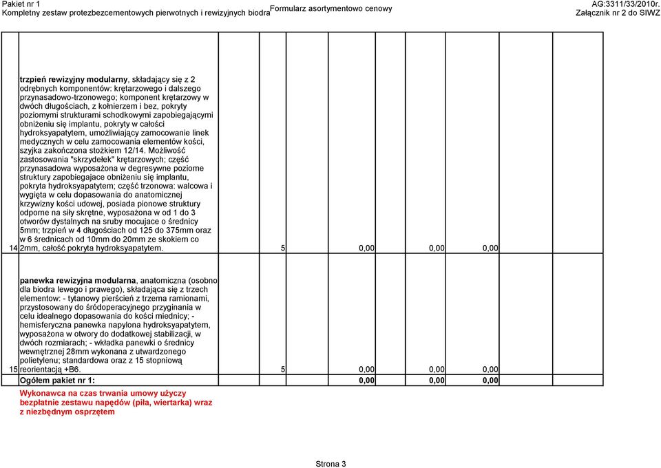 komponent krętarzowy w dwóch długościach, z kołnierzem i bez, pokryty poziomymi strukturami schodkowymi zapobiegającymi obniżeniu się implantu, pokryty w całości hydroksyapatytem, umożliwiający