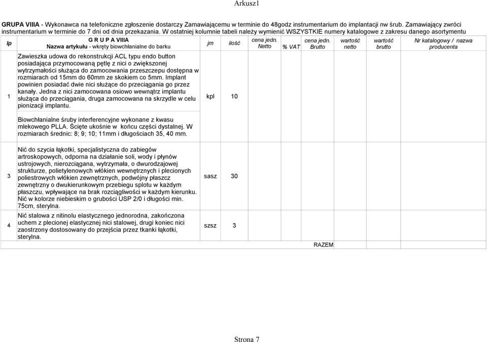 W ostatniej kolumnie tabeli należy wymienić WSZYSTKIE numery katalogowe z zakresu danego asortymentu G R U P A VIIIA Nazwa artykułu - wkręty biowchłanialne do barku Zawieszka udowa do rekonstrukcji