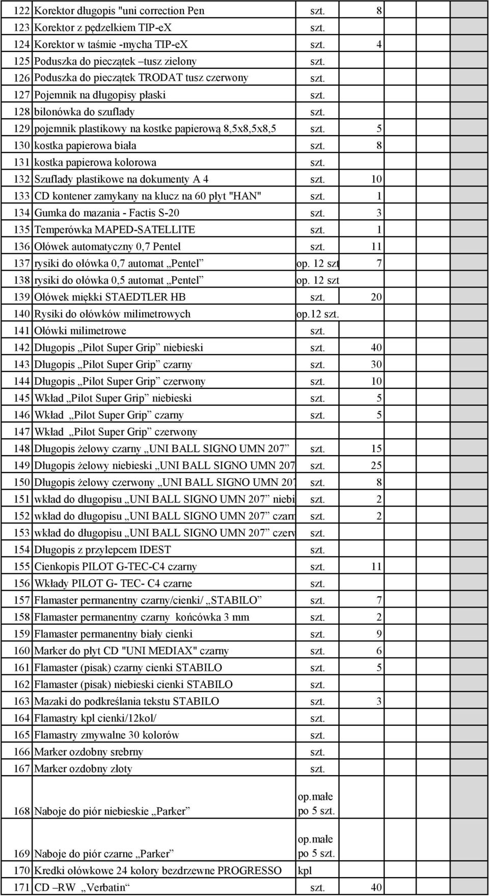 5 130 kostka papierowa biała s. 8 131 kostka papierowa kolorowa s. 132 Szuflady plastikowe na dokumenty A 4 s. 10 133 CD kontener zamykany na klucz na 60 płyt "HAN" s.