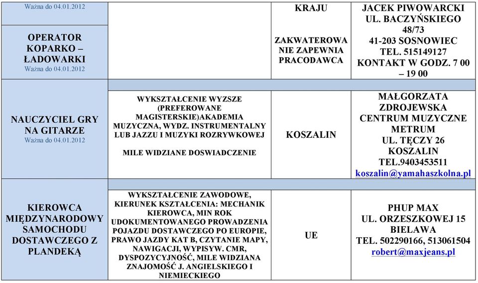 INSTRUMENTALNY LUB JAZZU I MUZYKI ROZRYWKOWEJ DOSWIADCZENIE KOSZALIN MAŁGORZATA ZDROJEWSKA CENTRUM MUZYCZNE METRUM UL. TĘCZY 26 KOSZALIN TEL.9403453511 koszalin@yamahaszkolna.