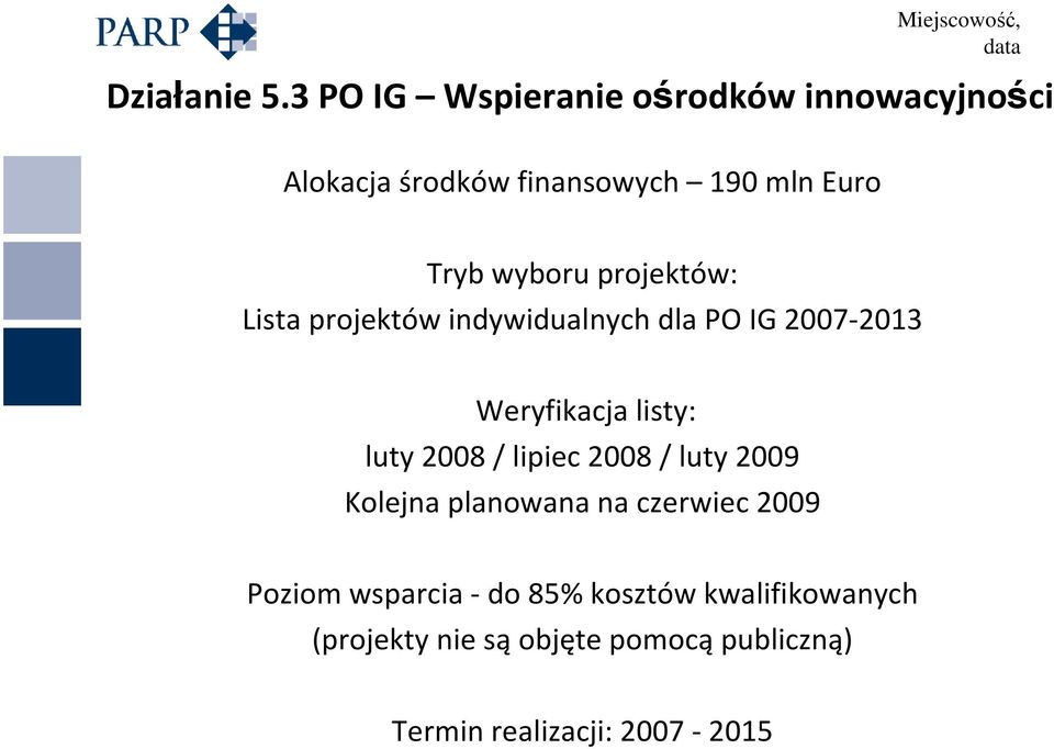 wyboru projektów: Lista projektów indywidualnych dla PO IG 2007-2013 Weryfikacja listy: luty