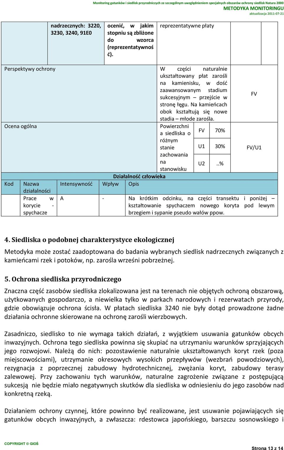 Na kamieńcach obok kształtują się nowe stadia młode zarośla. Ocena ogólna Powierzchni a siedliska o 70% różnym stanie U1 30% zachowania na stanowisku U2.