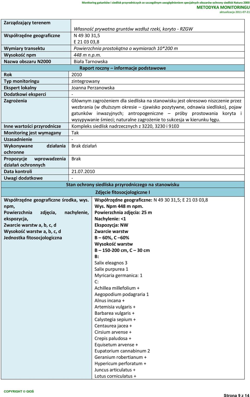 Głównym zagrożeniem dla siedliska na stanowisku jest okresowo niszczenie przez wezbrania (w dłuższym okresie zjawisko pozytywne, odnawia siedlisko), pojaw gatunków inwazyjnych; antropogeniczne próby