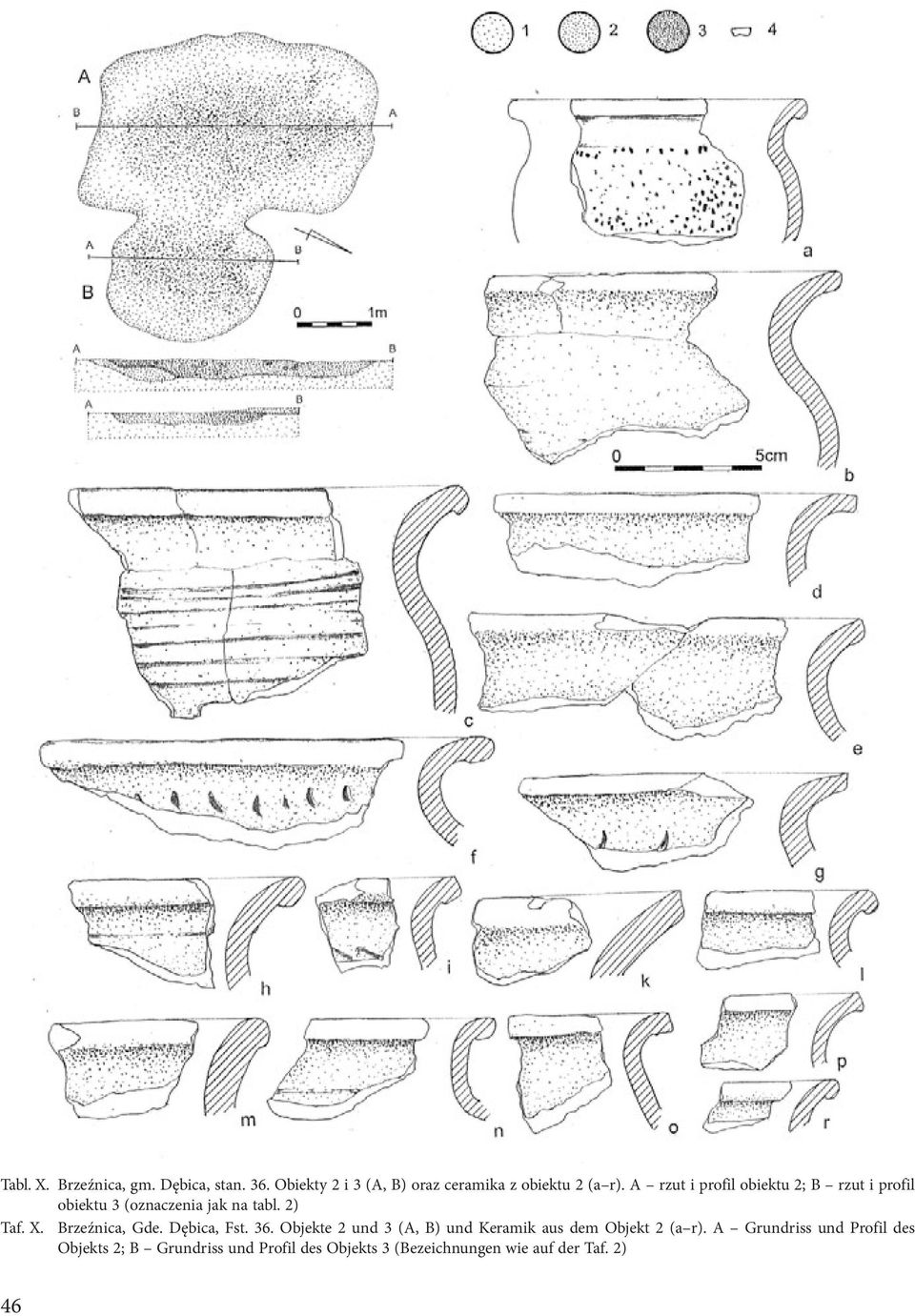 Brzeźnica, Gde. Dębica, Fst. 36. Objekte 2 und 3 (A, B) und Keramik aus dem Objekt 2 (a r).
