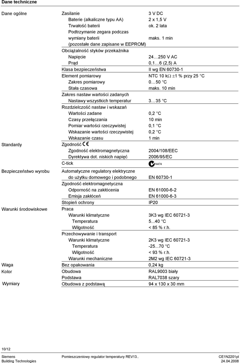 1 min 24 250 V AC 0,1 6 (2,5) A Klasa bezpieczeństwa II wg EN 60730-1 Element pomiarowy Zakres pomiarowy Stała czasowa Zakres nastaw wartości zadanych Nastawy wszystkich temperatur 3 35 C