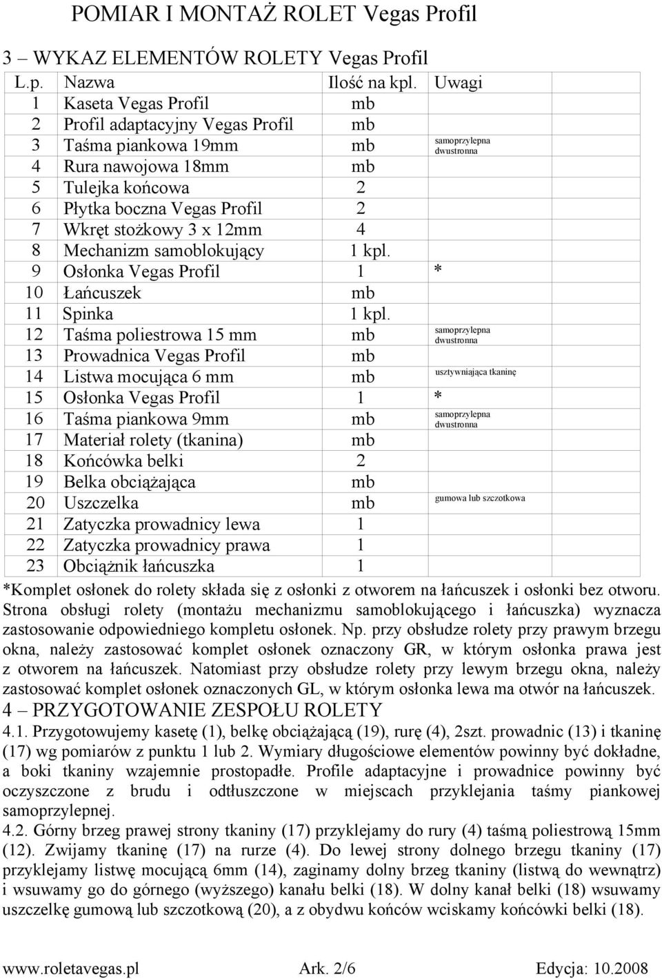 Mechanizm samoblokujący Osłonka Vegas Profil Łańcuszek Spinka Taśma poliestrowa 5 mm Prowadnica Vegas Profil Listwa mocująca 6 mm Osłonka Vegas Profil Taśma piankowa 9mm Materiał rolety (tkanina)