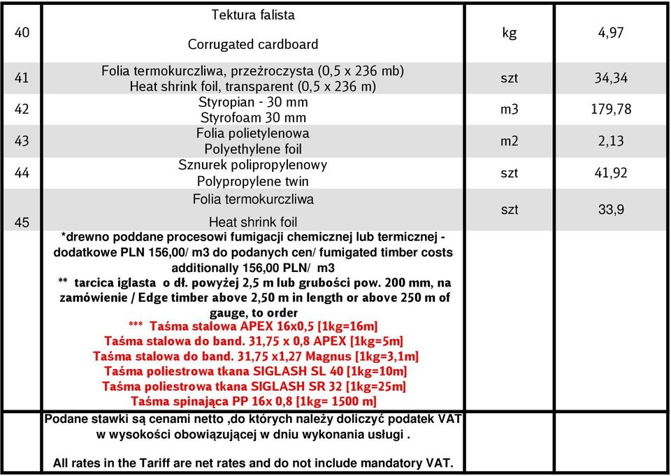 podanych cen/ fumigated timber costs additionally 156,00 PLN/ tarcica iglasta o dł. powyżej 2,5 m lub grubości pow.