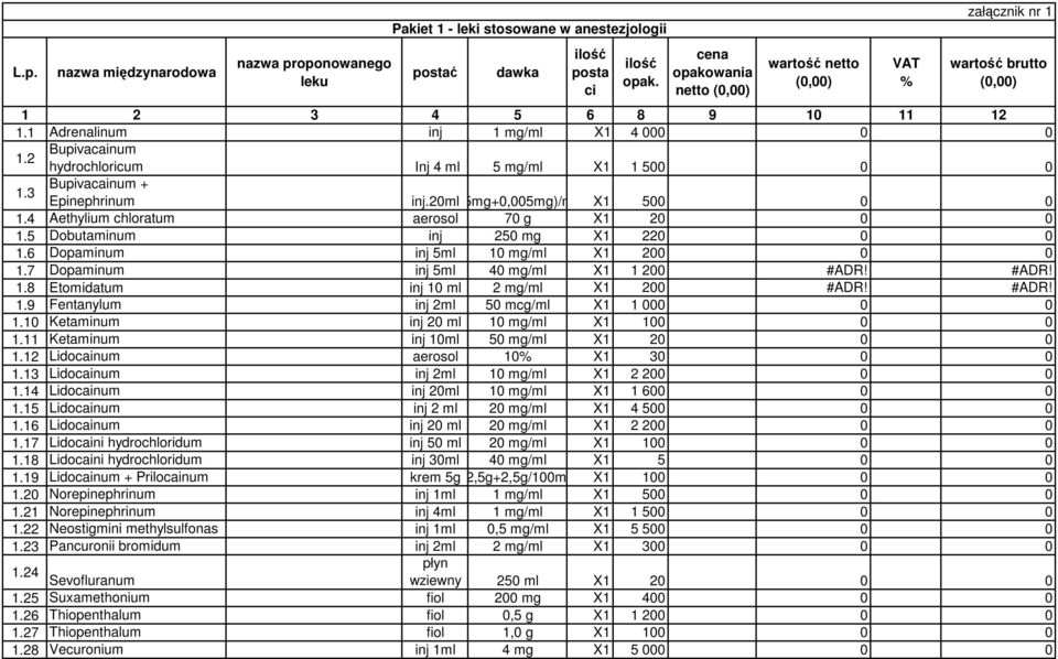 7 Dopaminum inj 5ml 40 mg/ml X1 1 200 #ADR! #ADR! 1.8 Etomidatum inj 10 ml 2 mg/ml X1 200 #ADR! #ADR! 1.9 Fentanylum inj 2ml 50 mcg/ml X1 1 000 0 0 1.10 Ketaminum inj 20 ml 10 mg/ml X1 100 0 0 1.