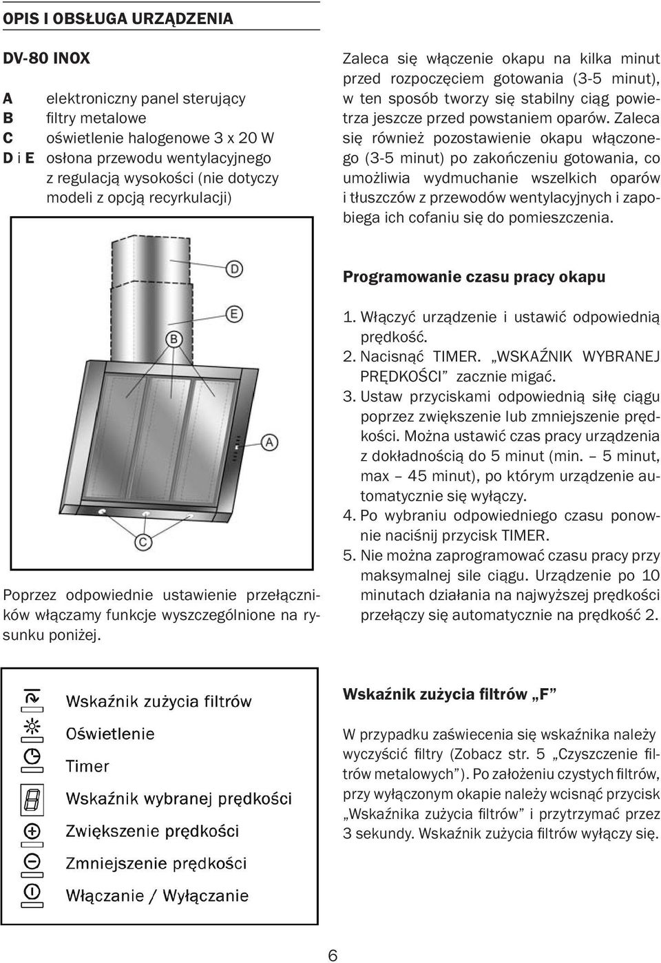 W D i E osłona przewodu wentylacyjnego z regulacją wysokości (nie dotyczy modeli z opcją recyrkulacji) Poprzez odpowiednie ustawienie przełączników włączamy funkcje wyszczególnione na rysunku poniżej.