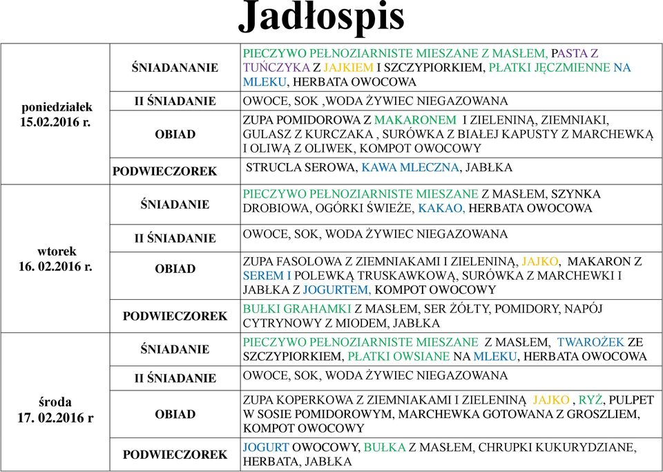 2016 r ŚNIADANANIE PIECZYWO PEŁNOZIARNISTE MIESZANE Z MASŁEM, PASTA Z TUŃCZYKA Z JAJKIEM I SZCZYPIORKIEM, PŁATKI JĘCZMIENNE NA MLEKU, HERBATA OWOCOWA OWOCE, SOK,WODA ŻYWIEC NIEGAZOWANA ZUPA