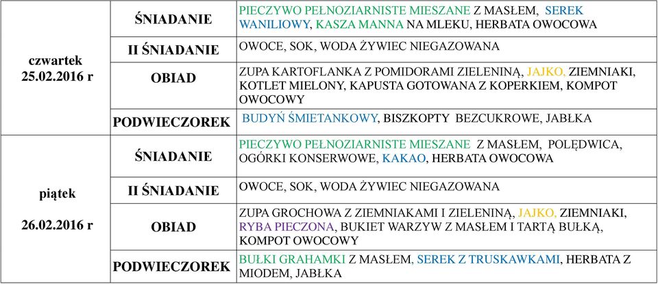 JAJKO, ZIEMNIAKI, KOTLET MIELONY, KAPUSTA GOTOWANA Z KOPERKIEM, KOMPOT OWOCOWY BUDYŃ ŚMIETANKOWY, BISZKOPTY BEZCUKROWE, JABŁKA PIECZYWO PEŁNOZIARNISTE