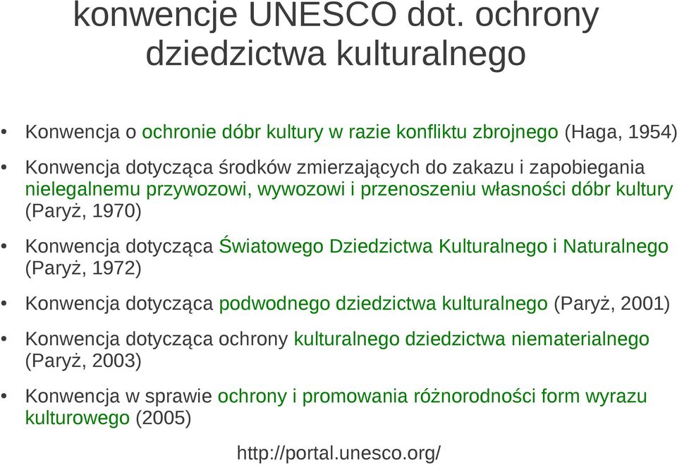 zakazu i zapobiegania nielegalnemu przywozowi, wywozowi i przenoszeniu własności dóbr kultury (Paryż, 1970) Konwencja dotycząca Światowego Dziedzictwa