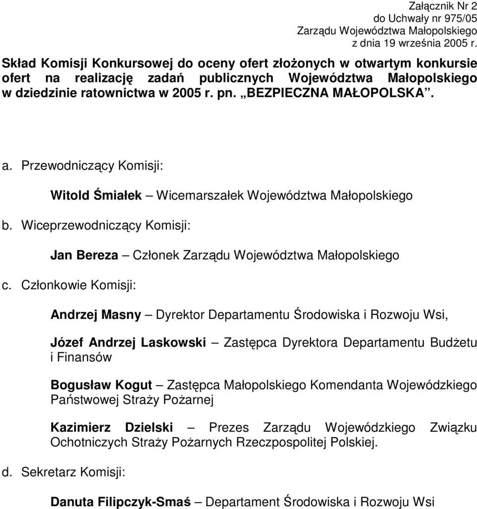 Przewodniczący Komisji: Witold Śmiałek Wicemarszałek Województwa Małopolskiego b. Wiceprzewodniczący Komisji: Jan Bereza Członek Zarządu Województwa Małopolskiego c.