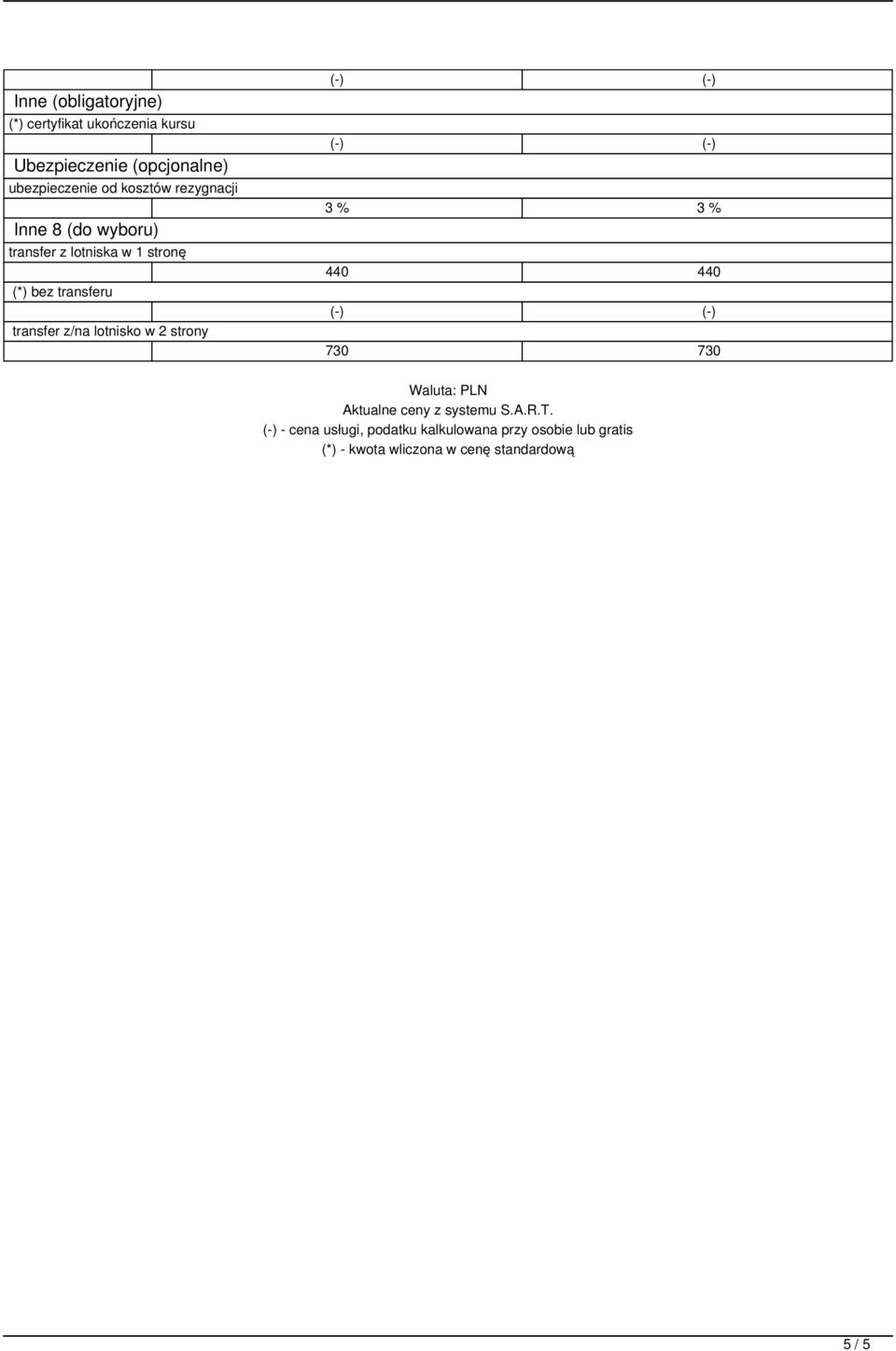 z/na lotnisko w 2 strony 3 % 3 % 440 440 730 730 Waluta: PLN Aktualne ceny z systemu S.A.R.T.