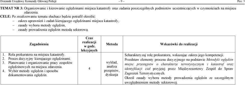 CELE: Po zrealizowaniu tematu słuchacz będzie potrafił określić: - zakres uprawnień i zadań kierującego oględzinami miejsca katastrofy, - zasady wyboru metody oględzin, - zasady prowadzenia oględzin