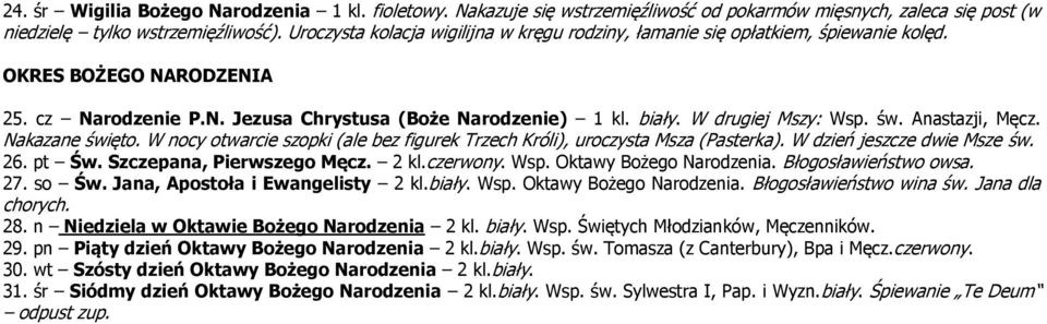 św. Anastazji, Męcz. Nakazane święto. W nocy otwarcie szopki (ale bez figurek Trzech Króli), uroczysta Msza (Pasterka). W dzień jeszcze dwie Msze św. 26. pt Św. Szczepana, Pierwszego Męcz. 2 kl.