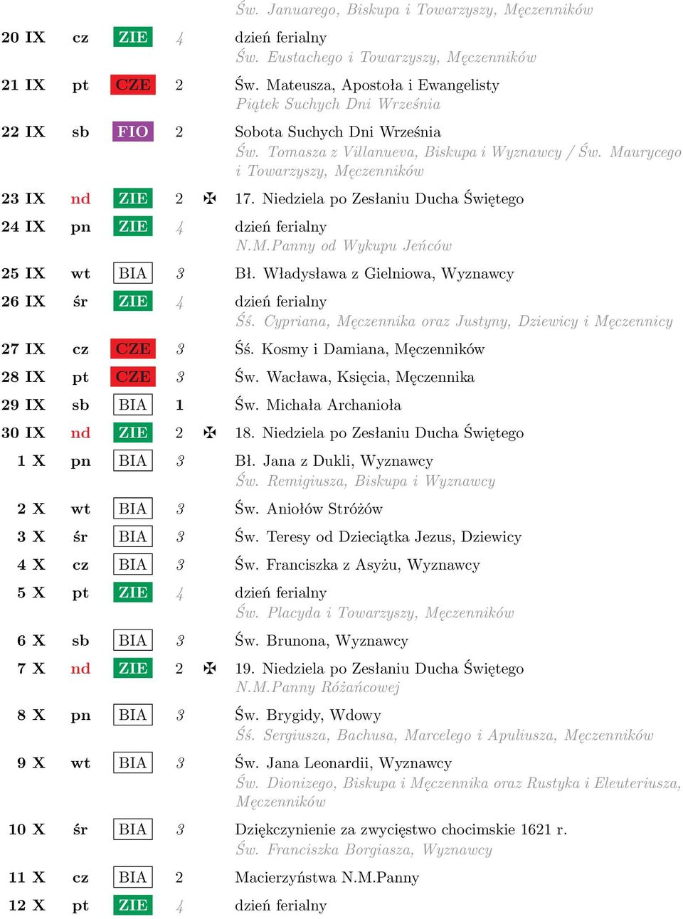 Maurycego i Towarzyszy, Męczenników 23 IX nd ZIE 2 17. Niedziela po Zesłaniu Ducha Świętego 24 IX pn ZIE 4 dzień ferialny N.M.Panny od Wykupu Jeńców 25 IX wt BIA 3 Bł.