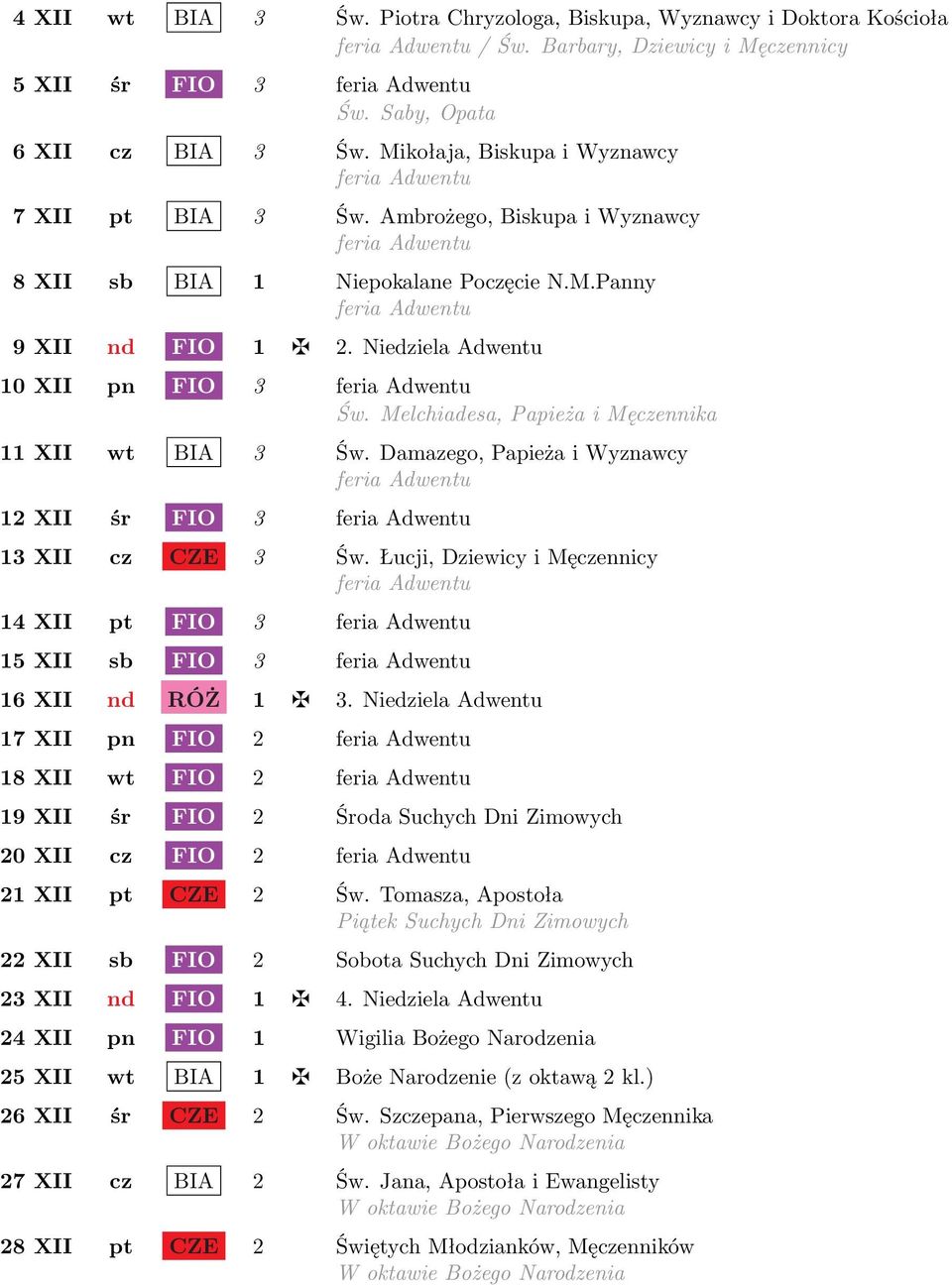 Niedziela Adwentu 10 XII pn FIO 3 feria Adwentu Św. Melchiadesa, Papieża i Męczennika 11 XII wt BIA 3 Św. Damazego, Papieża i Wyznawcy feria Adwentu 12 XII śr FIO 3 feria Adwentu 13 XII cz CZE 3 Św.