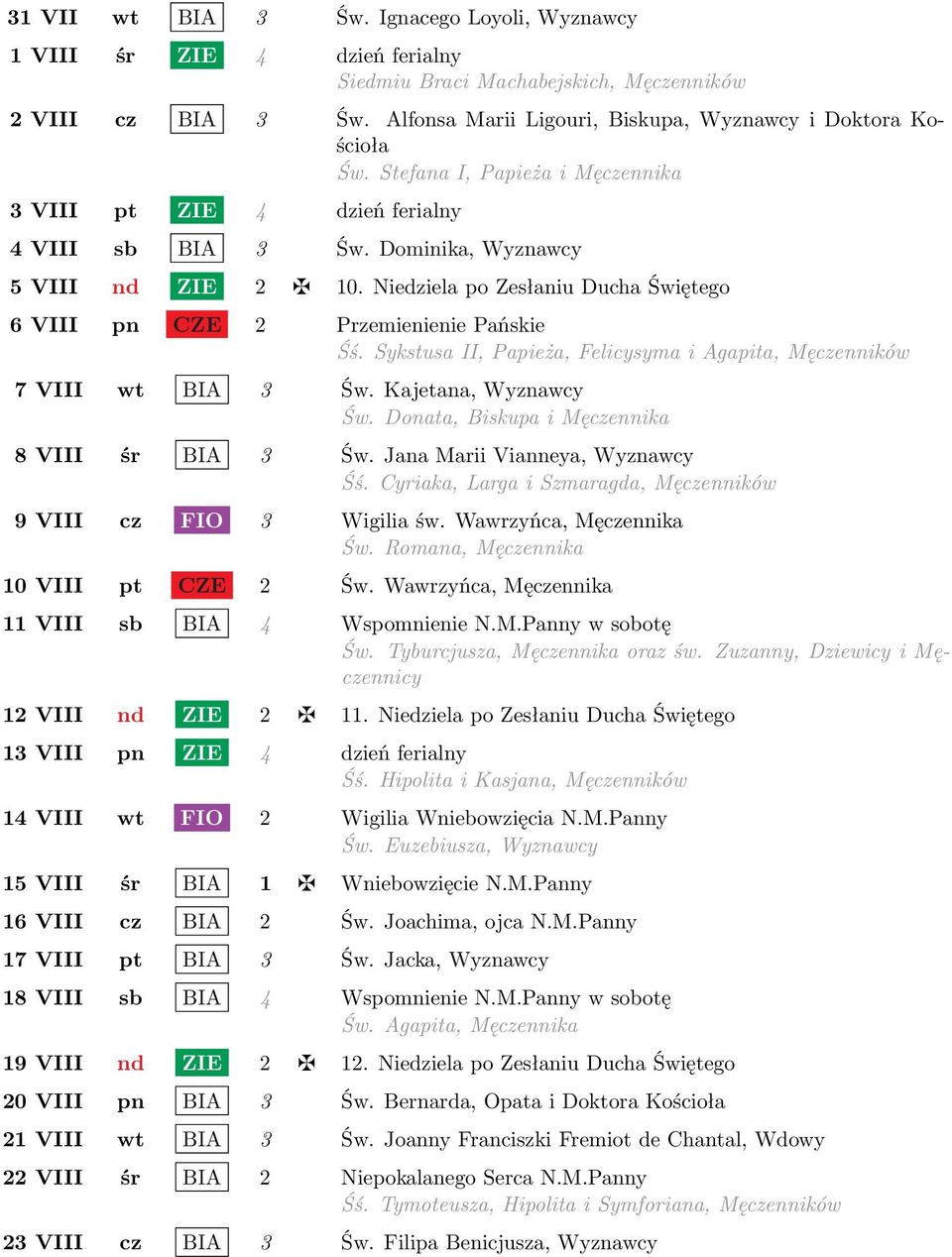 Niedziela po Zesłaniu Ducha Świętego 6 VIII pn CZE 2 Przemienienie Pańskie Śś. Sykstusa II, Papieża, Felicysyma i Agapita, Męczenników 7 VIII wt BIA 3 Św. Kajetana, Wyznawcy Św.