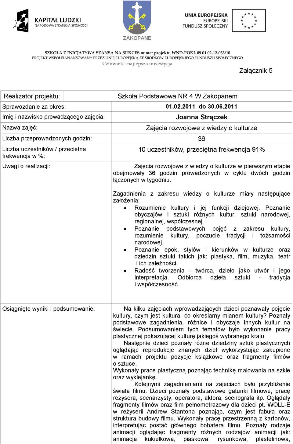 o realizacji: 10 uczestników, przeciętna frekwencja 91% Zajęcia rozwojowe z wiedzy o kulturze w pierwszym etapie obejmowały 36 godzin prowadzonych w cyklu dwóch godzin łączonych w tygodniu.