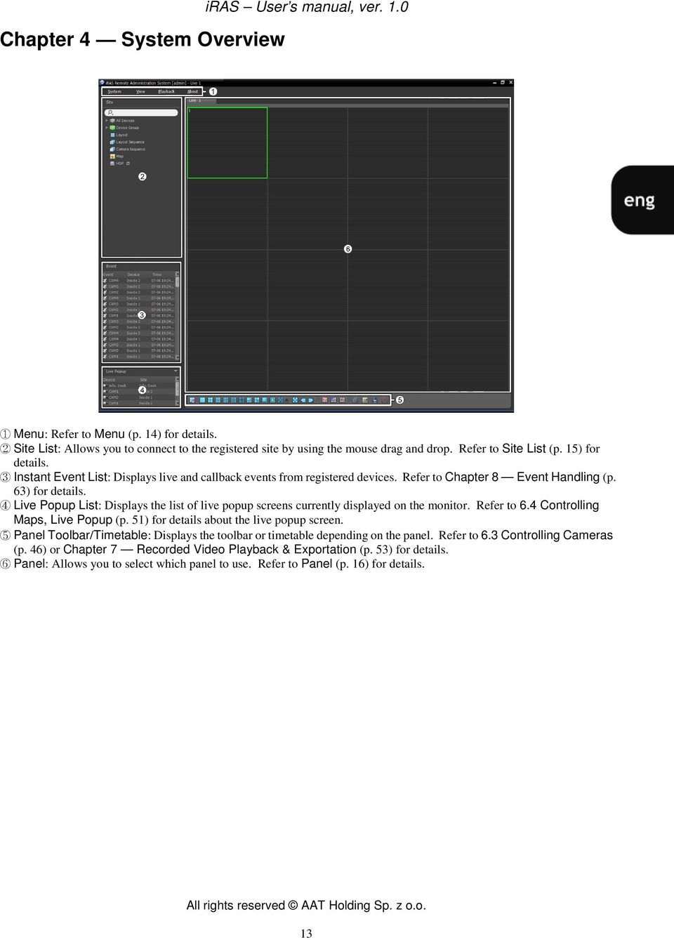 4 Live Popup List: Displays the list of live popup screens currently displayed on the monitor. Refer to 6.4 Controlling Maps, Live Popup (p. 51) for details about the live popup screen.