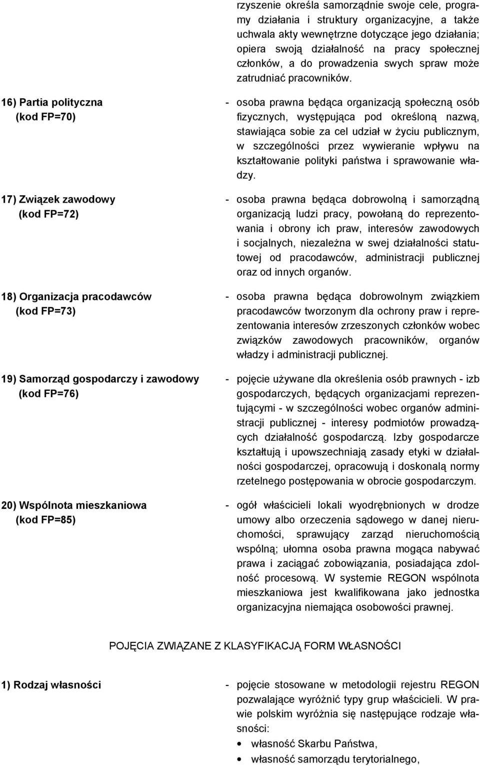 16) Partia polityczna (kod FP=70) 17) Związek zawodowy (kod FP=72) 18) Organizacja pracodawców (kod FP=73) 19) Samorząd gospodarczy i zawodowy (kod FP=76) 20) Wspólnota mieszkaniowa (kod FP=85) -