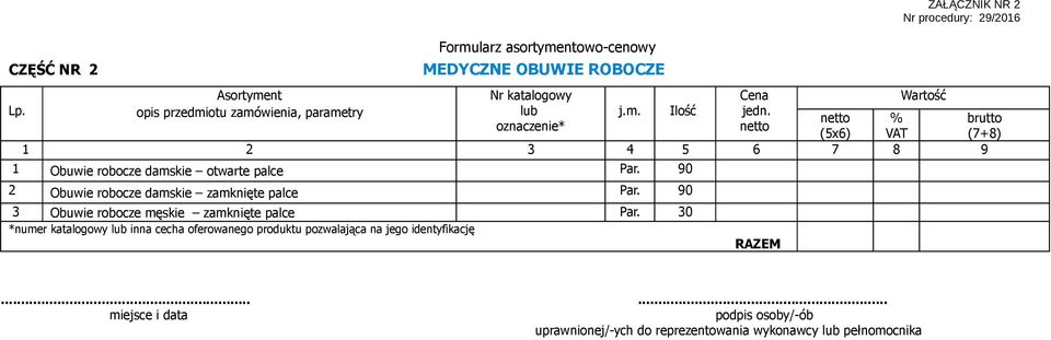 netto % brutto oznaczenie* netto (5x6) VAT (7+8) 1 2 3 4 5 6 7 8 9 1 Obuwie robocze damskie otwarte palce Par.