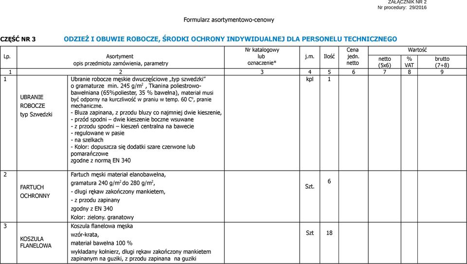 245 g/m 2, Tkanina poliestrowobawełniana kpl 1 UBRANIE ROBOCZE (65%poliester, 35 % bawełna), materiał musi być odporny na kurczliwość w praniu w temp. 60 C o, pranie mechaniczne.