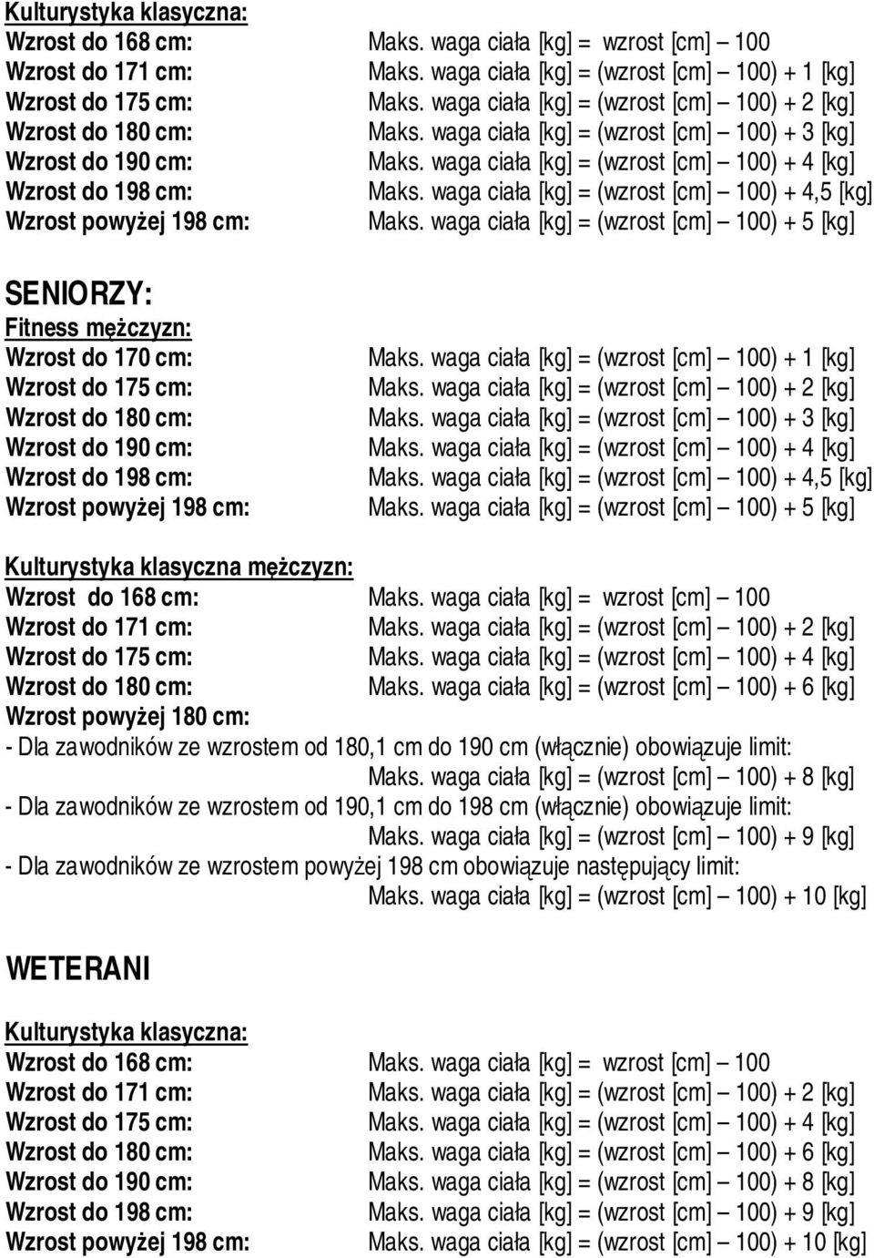 waga ciała [kg] = (wzrost [cm] 100) + 4 [kg] Wzrost do 198 cm: Maks. waga ciała [kg] = (wzrost [cm] 100) + 4,5 [kg] Wzrost powyżej 198 cm: Maks.