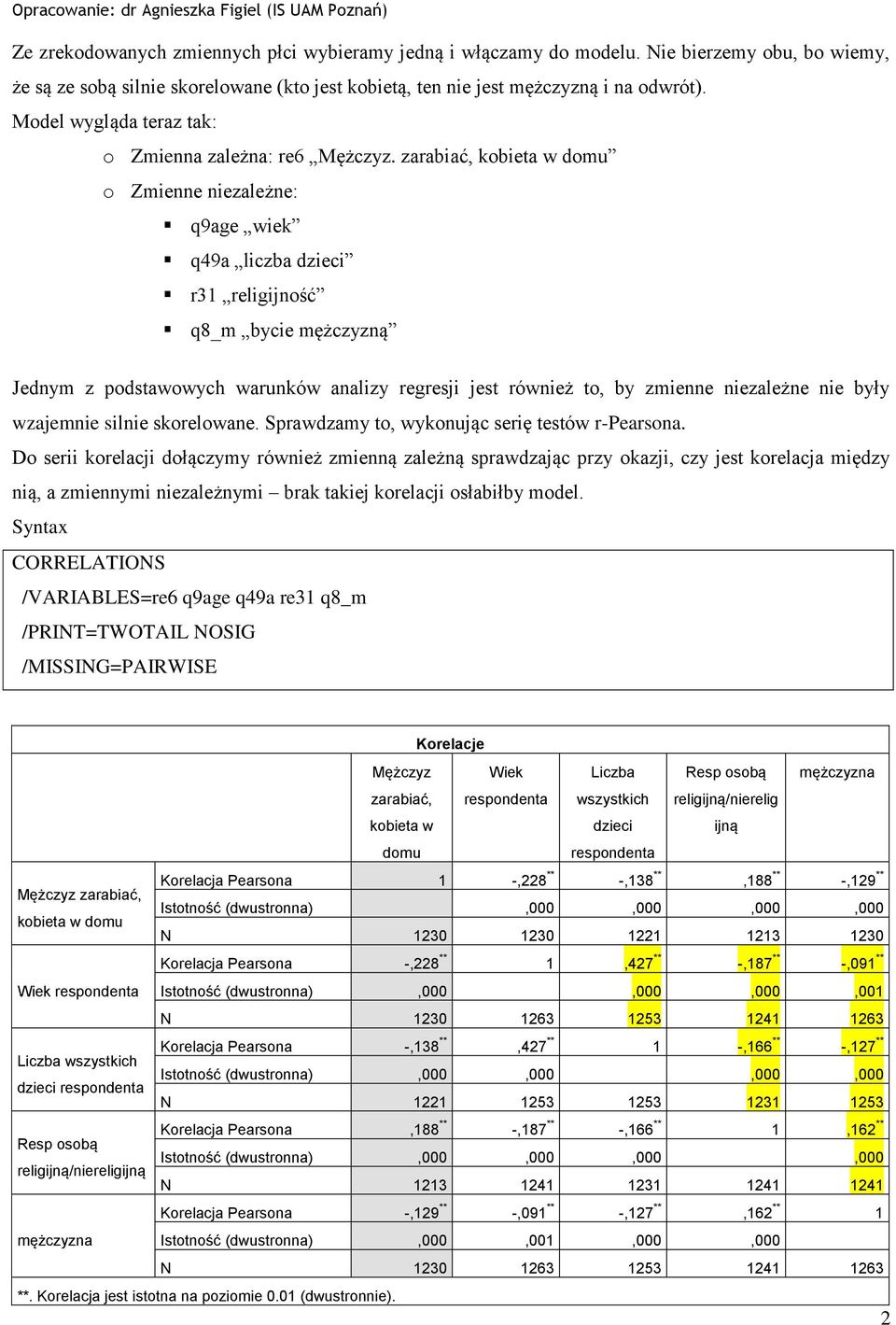 zarabiać, kobieta w domu o Zmienne niezależne: q9age wiek q49a liczba dzieci r31 religijność q8_m bycie mężczyzną Jednym z podstawowych warunków analizy regresji jest również to, by zmienne