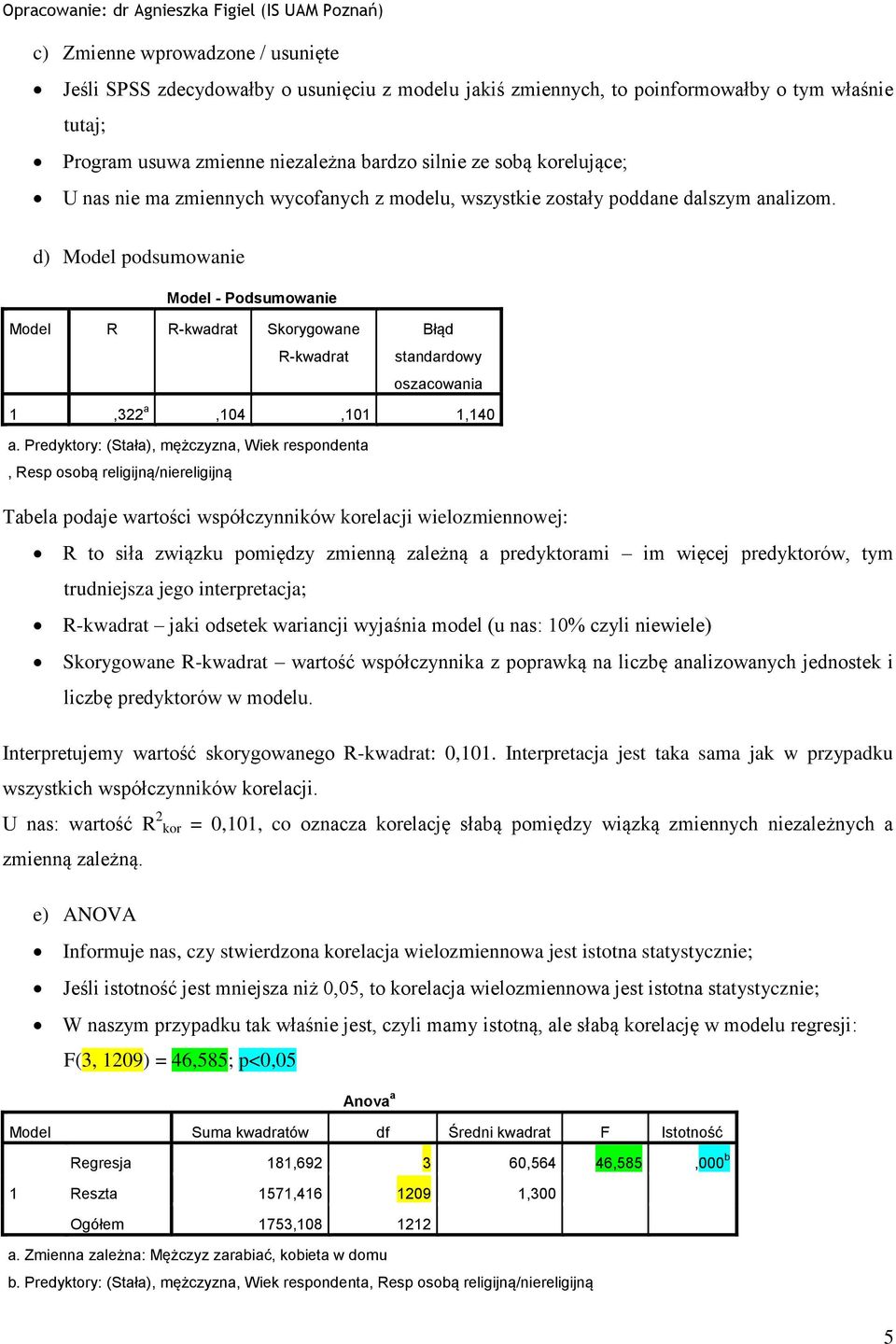 d) Model podsumowanie Model - Podsumowanie Model R R-kwadrat Skorygowane R-kwadrat Błąd standardowy oszacowania 1,322 a,104,101 1,140 a.