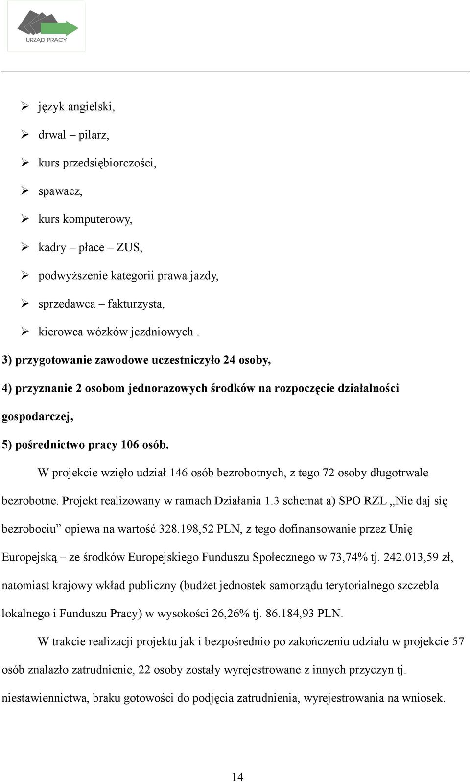 W projekcie wzięło udział 146 osób bezrobotnych, z tego 72 osoby długotrwale bezrobotne. Projekt realizowany w ramach Działania 1.3 schemat a) SPO RZL Nie daj się bezrobociu opiewa na wartość 328.