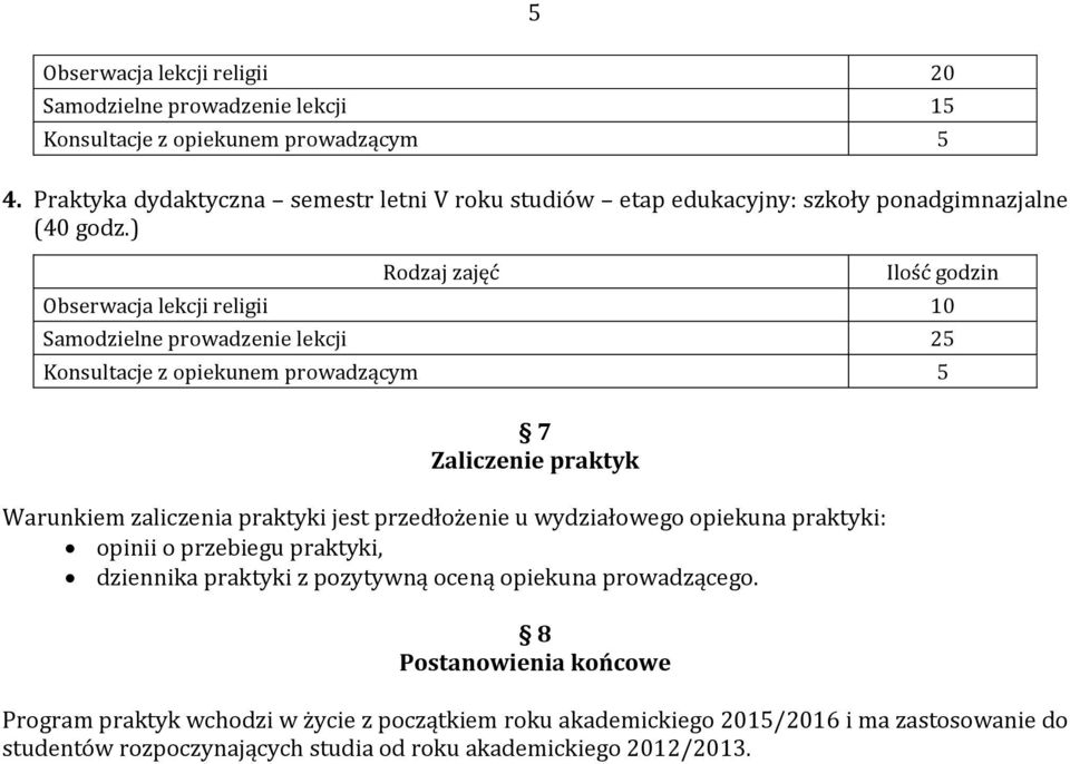 ) Obserwacja lekcji religii 10 Samodzielne prowadzenie lekcji 25 7 Zaliczenie praktyk Warunkiem zaliczenia praktyki jest przedłożenie u wydziałowego