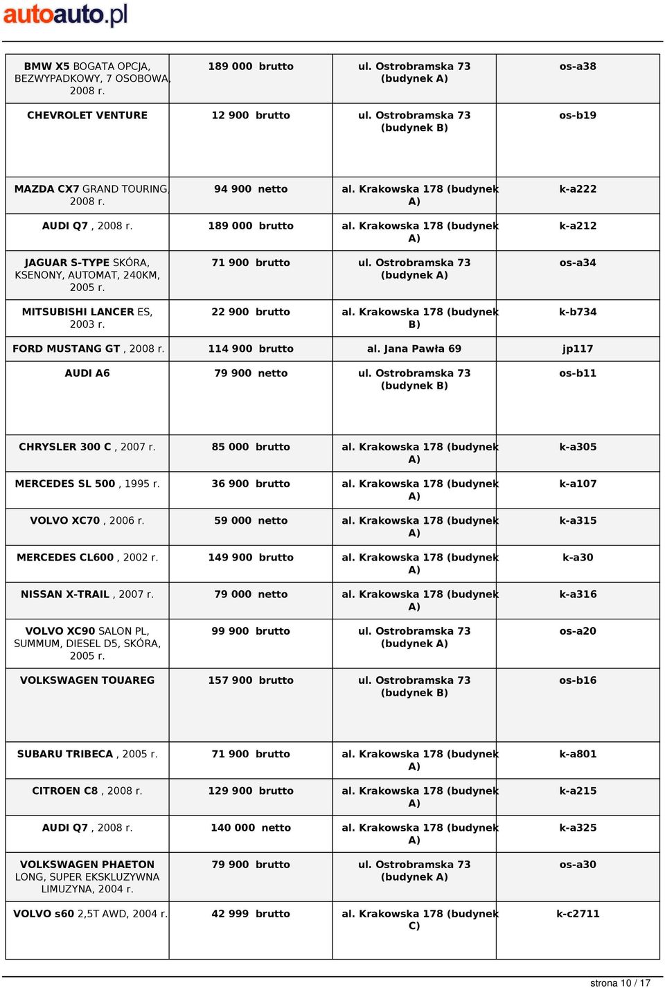 Krakowska 178 (budynek k-a212 JAGUAR S-TYPE SKÓRA, KSENONY, AUTOMAT, 240KM, 2005 MITSUBISHI LANCER ES, 2003 71 900 brutto ul. Ostrobramska 73 (budynek 22 900 brutto al.