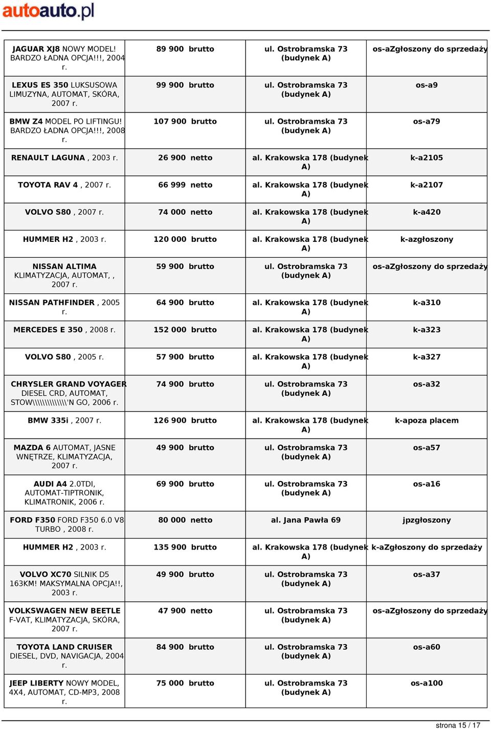 Krakowska 178 (budynek TOYOTA RAV 4, 2007 66 999 netto al. Krakowska 178 (budynek VOLVO S80, 2007 74 000 netto al. Krakowska 178 (budynek HUMMER H2, 2003 120 000 brutto al.