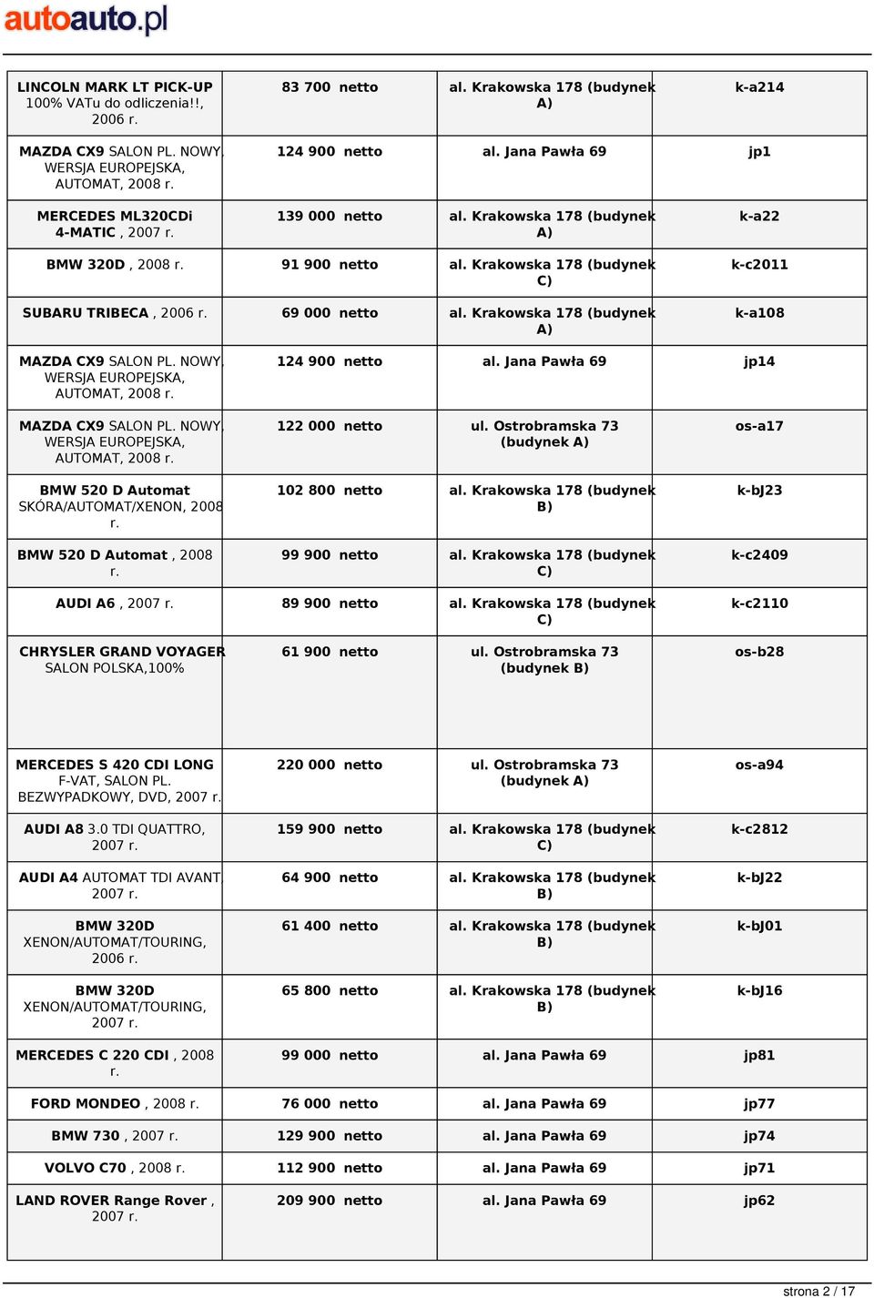Krakowska 178 (budynek k-c2011 k-a108 MAZDA CX9 SALON PL. NOWY, WERSJA EUROPEJSKA, AUTOMAT, 2008 124 900 netto al. Jana Pawła 69 jp14 MAZDA CX9 SALON PL.