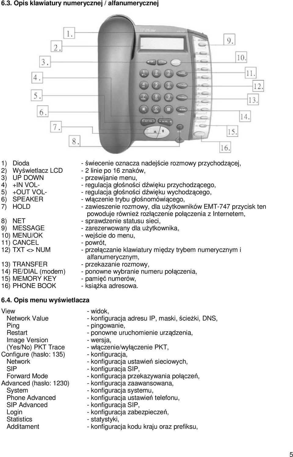 EMT-747 przycisk ten powoduje równieŝ rozłączenie połączenia z Internetem, 8) NET - sprawdzenie statusu sieci, 9) MESSAGE - zarezerwowany dla uŝytkownika, 10) MENU/OK - wejście do menu, 11) CANCEL -